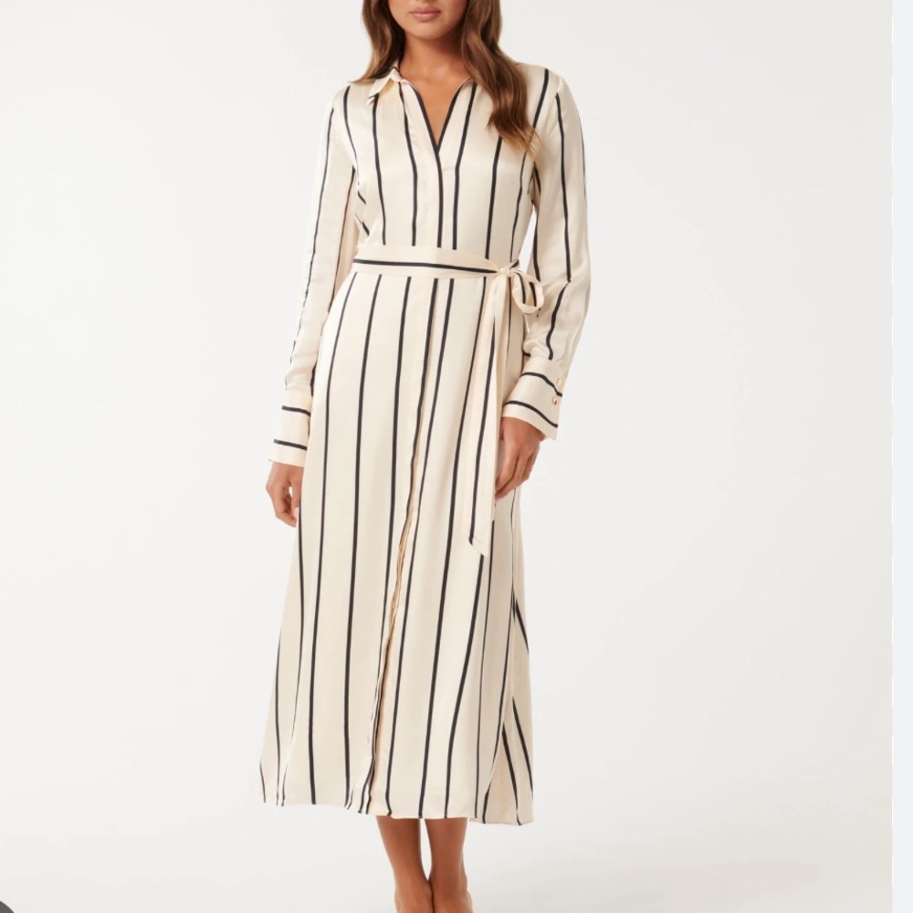 Ever New Janine Satin Midi Dress. Cream and Black Stripe. Size 2. NWT.